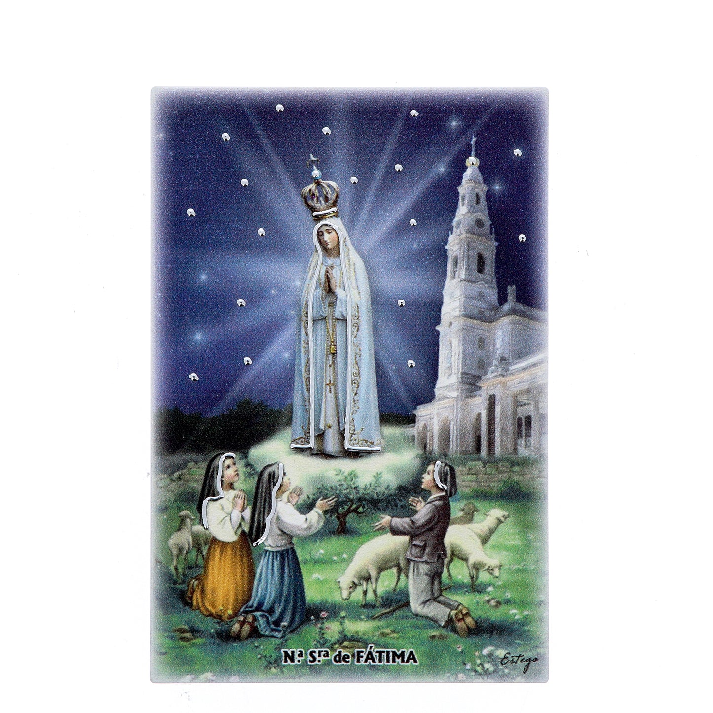 Quadro in legno Madonna di Fatima con dettagli argentati. Dimensioni 9x13,5 cm