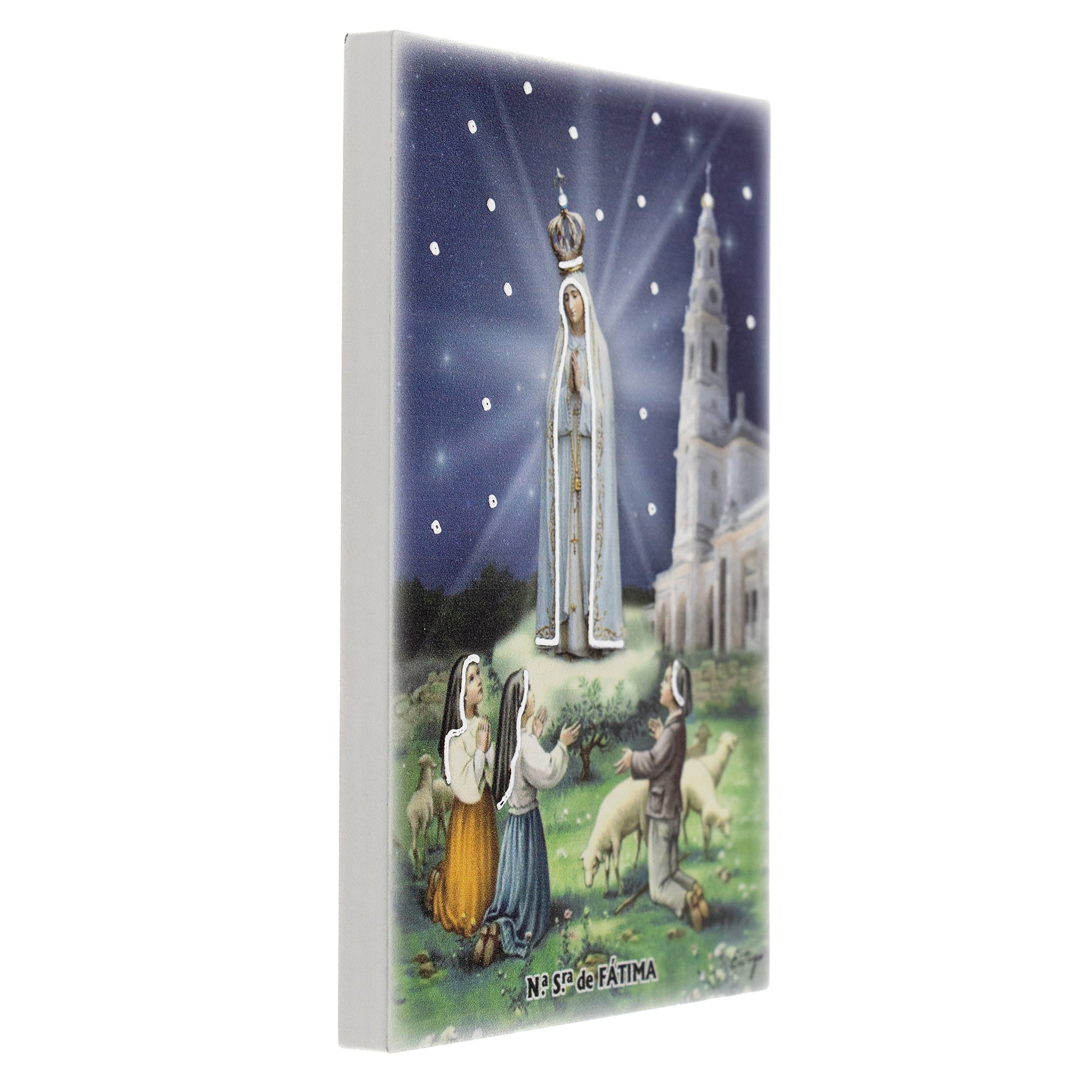 Quadro in legno Madonna di Fatima con dettagli argentati. Dimensioni 9x13,5 cm