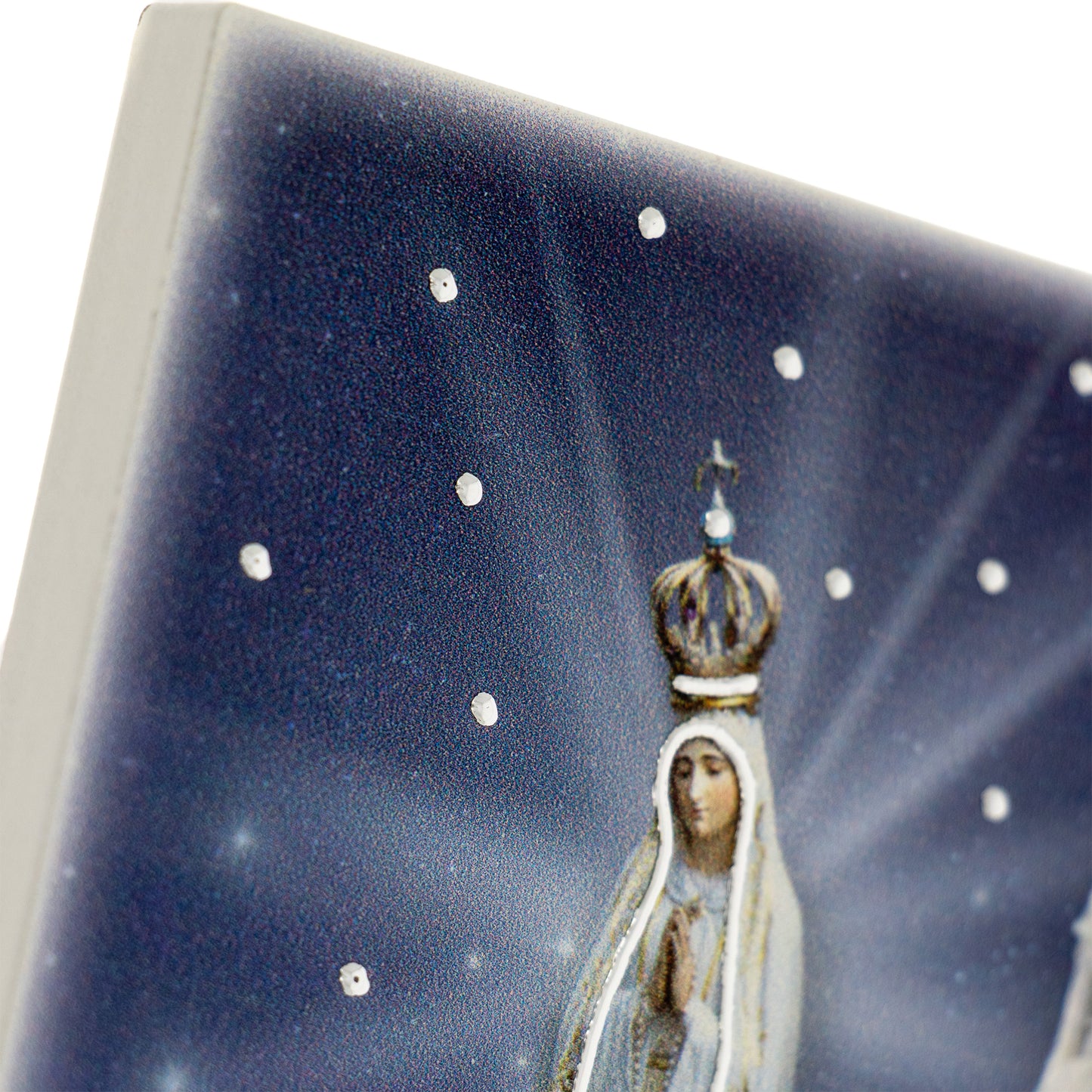 Quadro in legno Madonna di Fatima con dettagli argentati. Dimensioni 9x13,5 cm