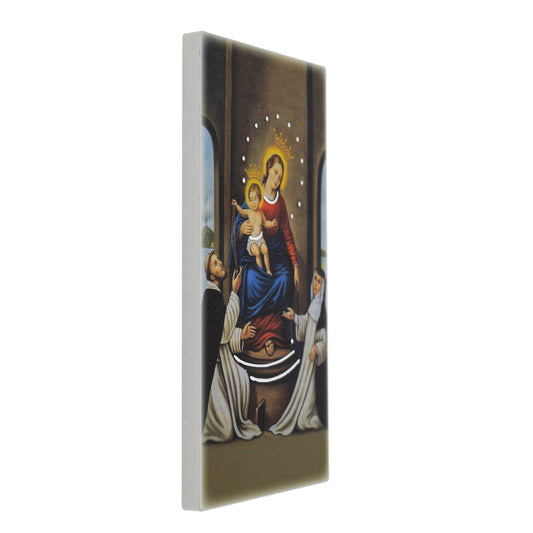 Quadro in legno Vergine di Pompei con dettagli argentati. Dimensioni 9x18 cm