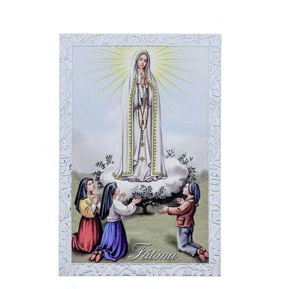 Quadro Madonna di Fatima in legno e cornice in foglia argento. Dimensioni 9x13,5 cm
