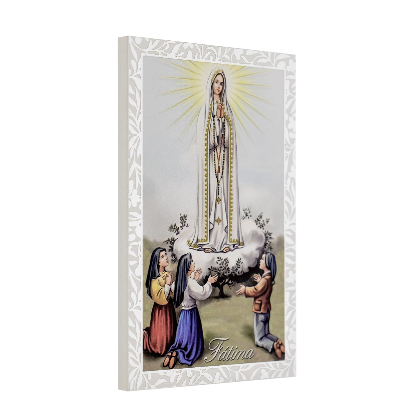 Quadro Madonna di Fatima in legno e cornice in foglia argento. Dimensioni 9x13,5 cm