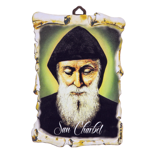 Tavoletta pergamena in legno con immagine San Charbel. Dimensione 7x11 cm