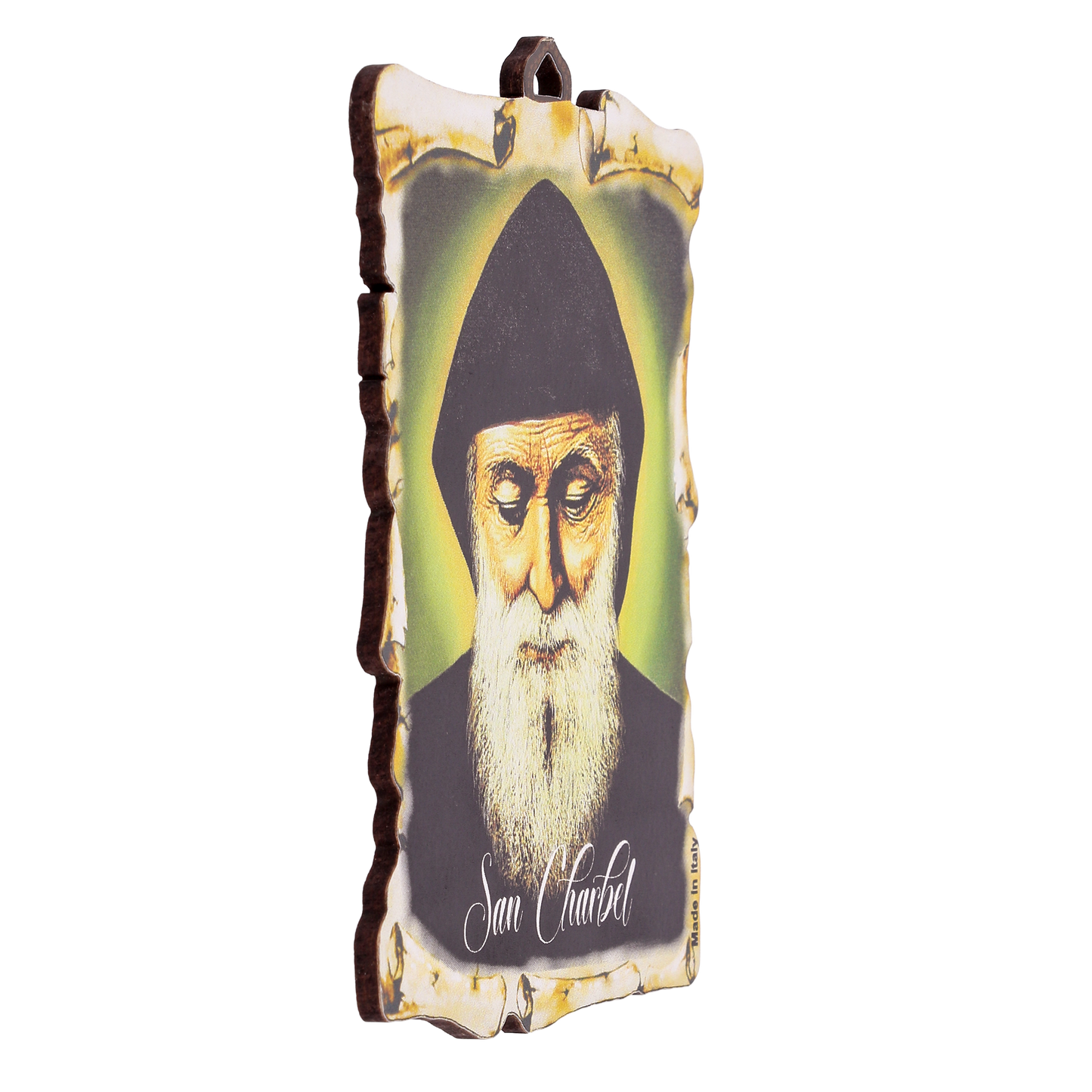 Tavoletta pergamena in legno con immagine San Charbel. Dimensione 7x11 cm
