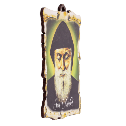 Tavoletta pergamena in legno con immagine San Charbel. Dimensione 7x11 cm