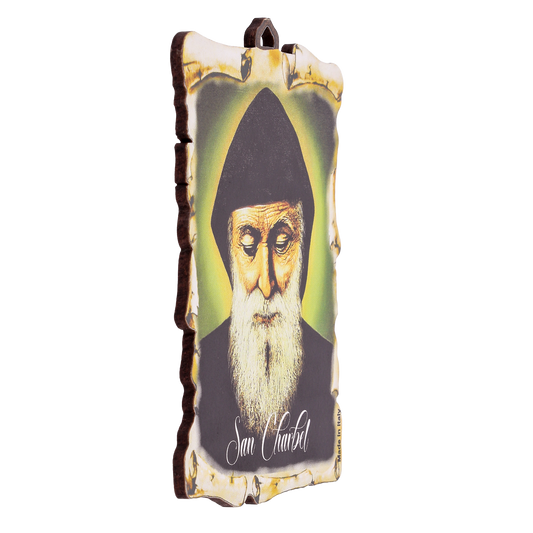 Tavoletta pergamena in legno con immagine San Charbel. Dimensione 7x11 cm