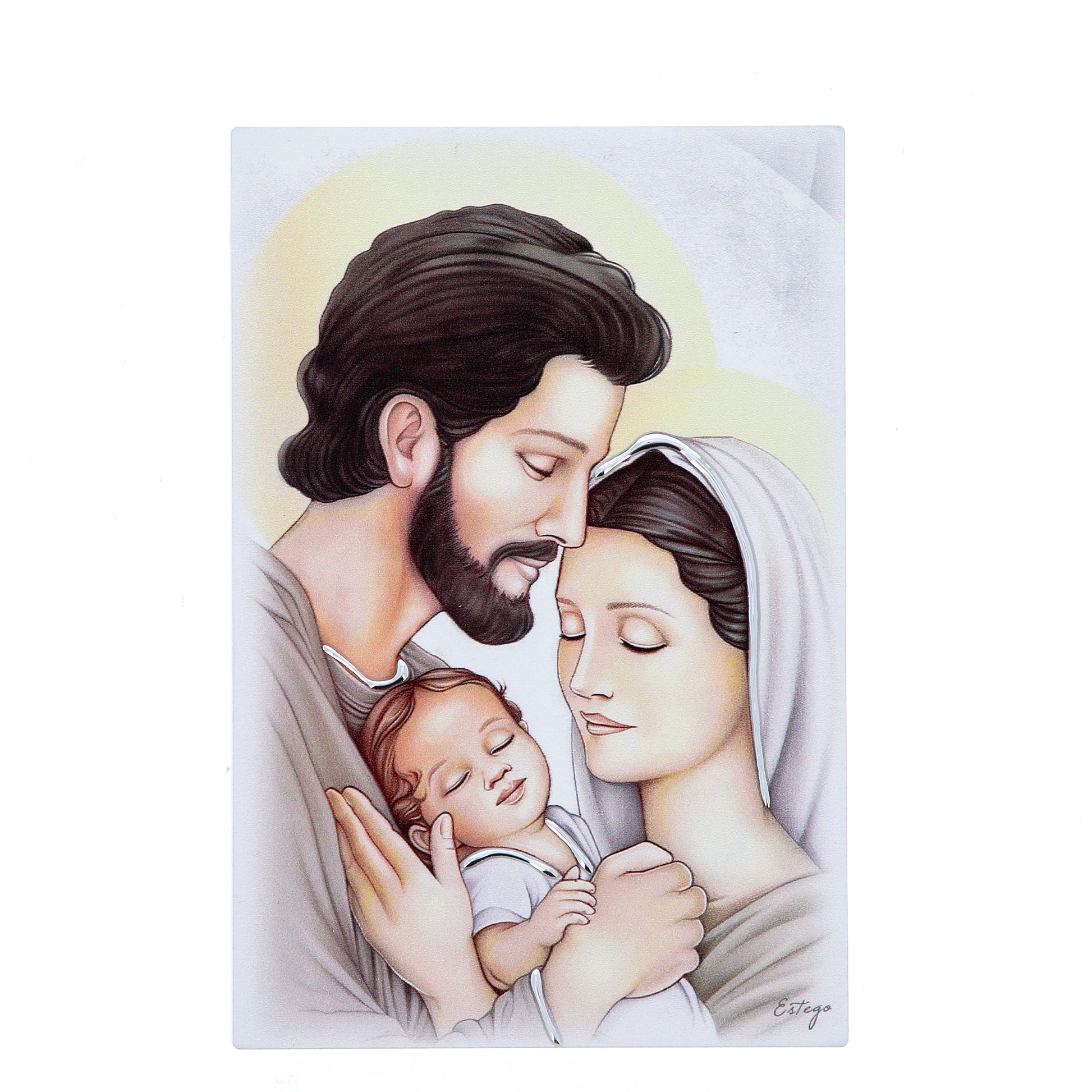 Quadro in legno Sacra Famiglia con dettagli argentati. Dimensioni 9x13,5 cm