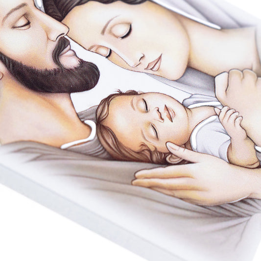 Quadro in legno Sacra Famiglia con dettagli argentati. Dimensioni 9x13,5 cm