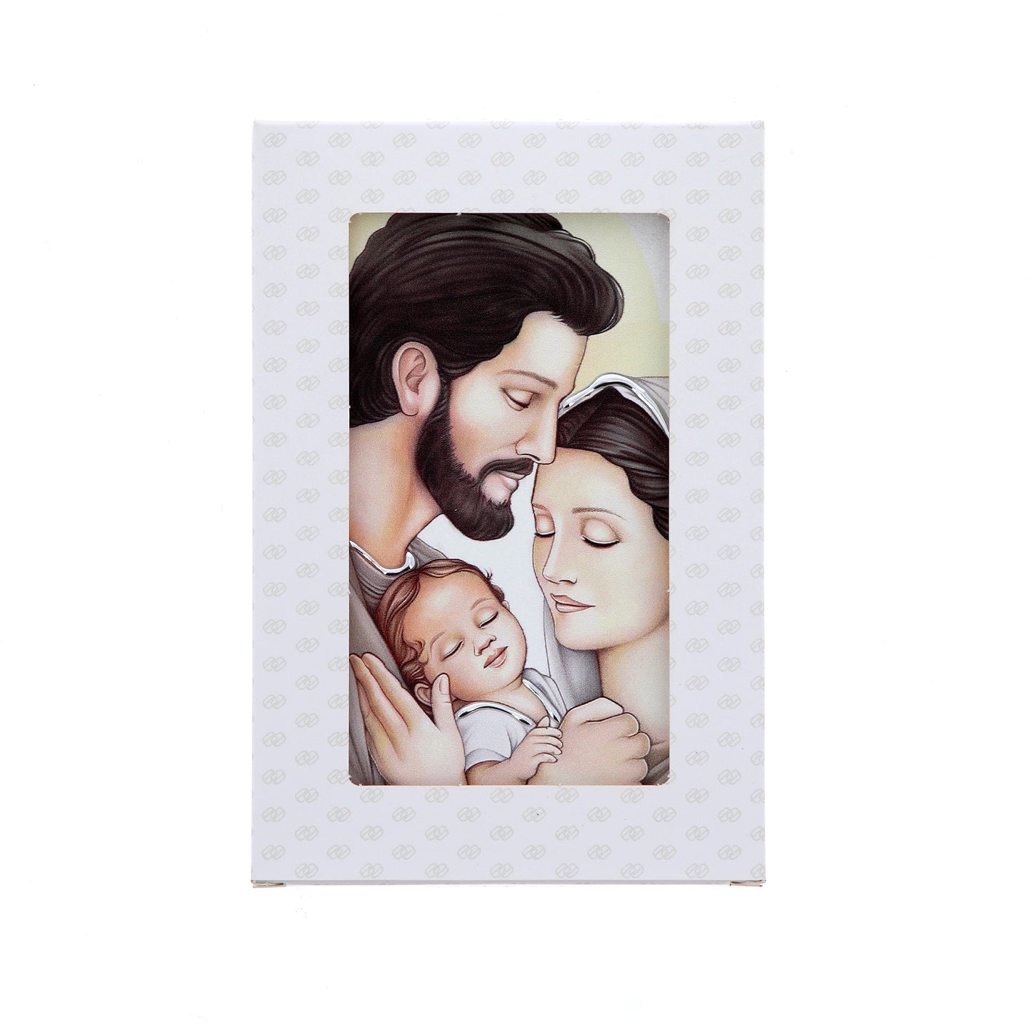 Quadro in legno Sacra Famiglia con dettagli argentati. Dimensioni 9x13,5 cm