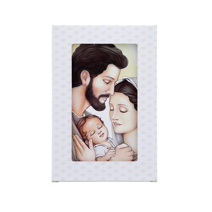 Quadro in legno Sacra Famiglia con dettagli argentati. Dimensioni 9x13,5 cm