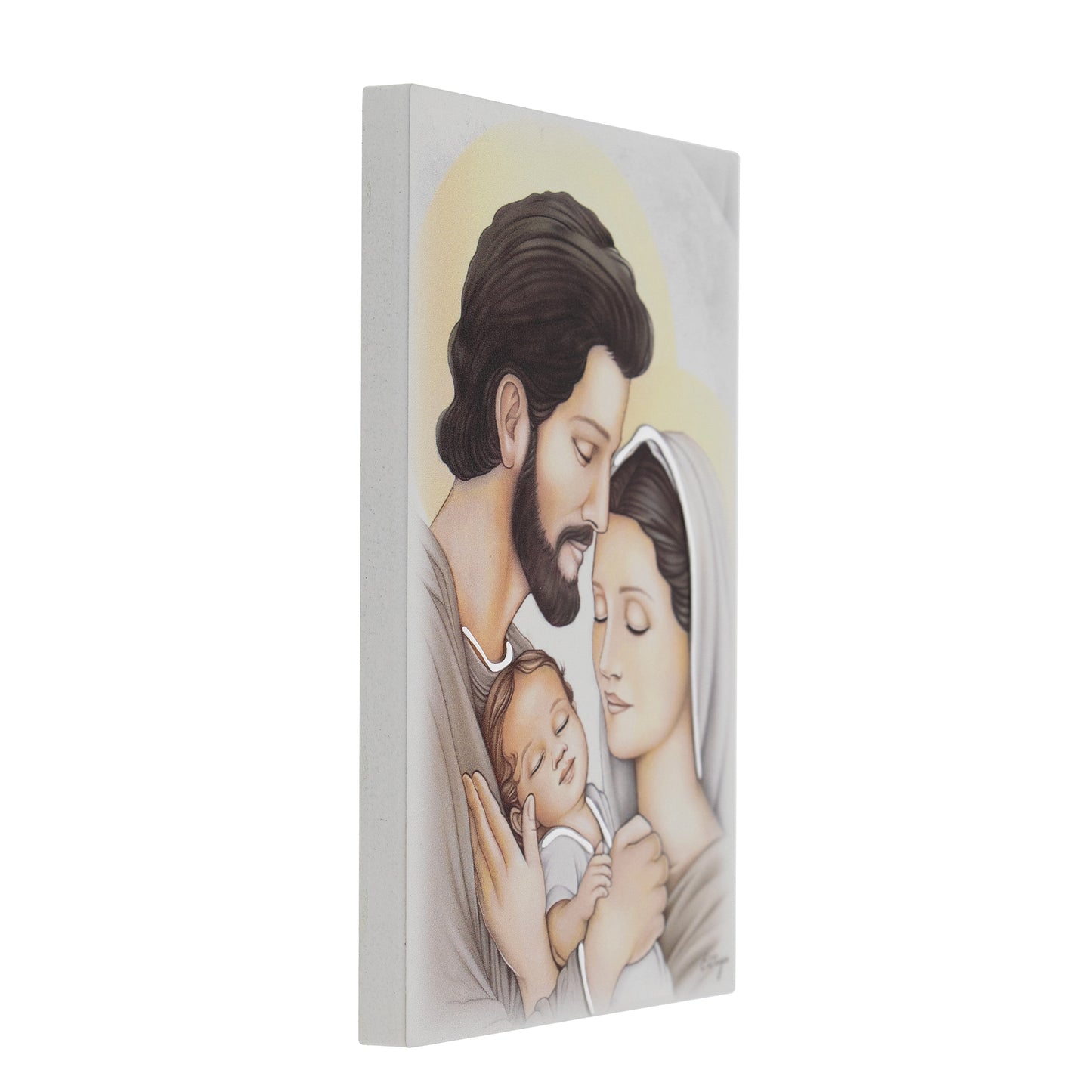 Quadro in legno Sacra Famiglia con dettagli argentati. Dimensioni 9x13,5 cm
