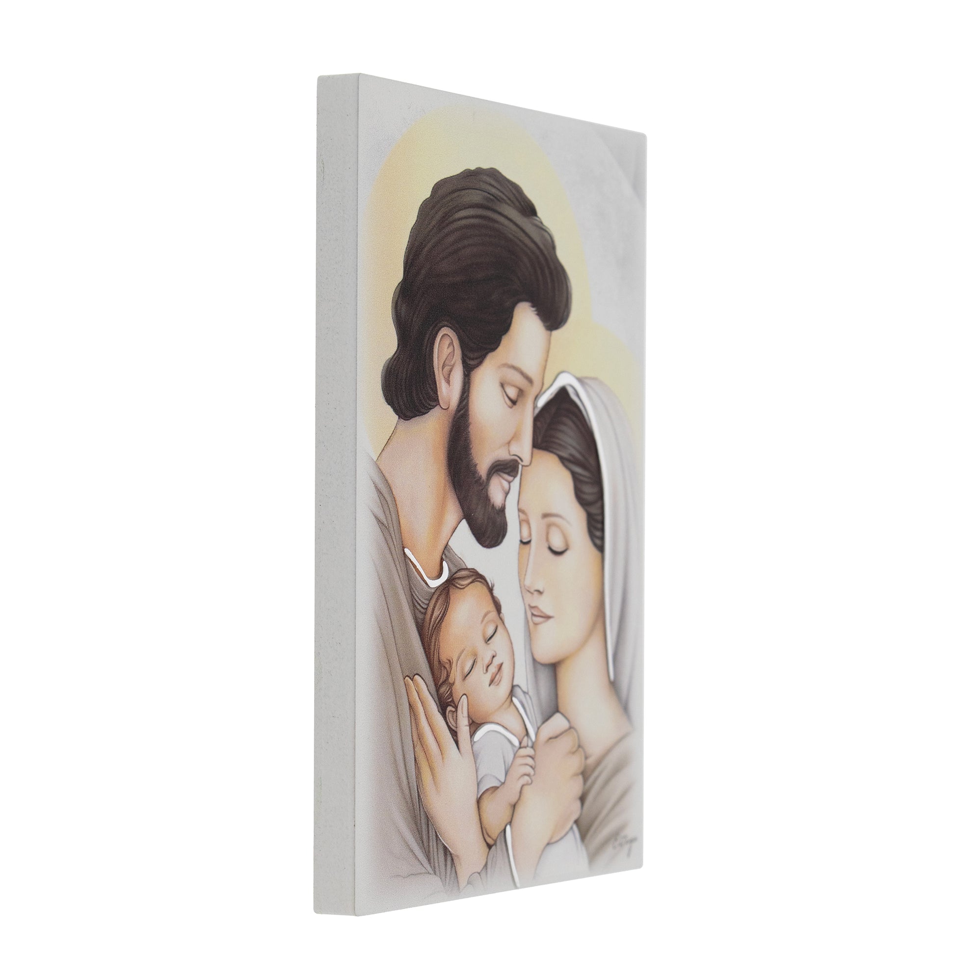 Quadro in legno Sacra Famiglia con dettagli argentati. Dimensioni 9x13,5 cm