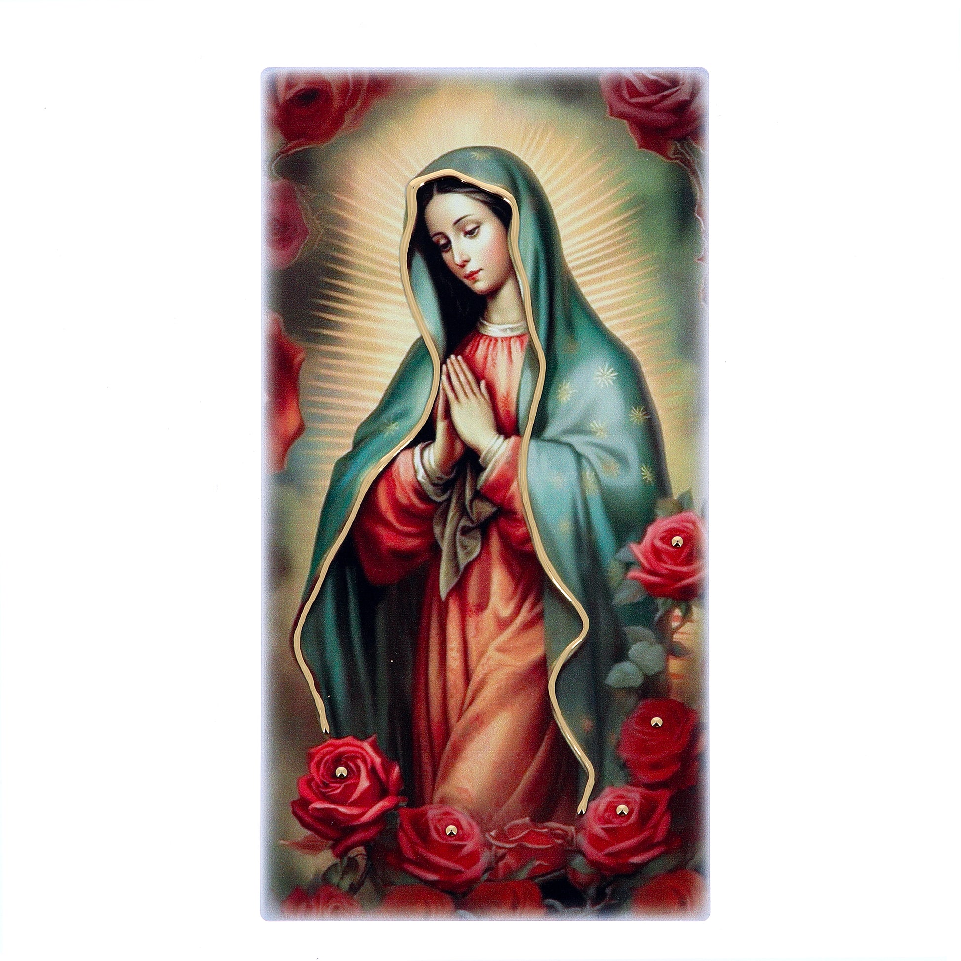 Quadro in legno Madonna di Guadalupe con dettagli dorati. Dimensione 9x18 cm