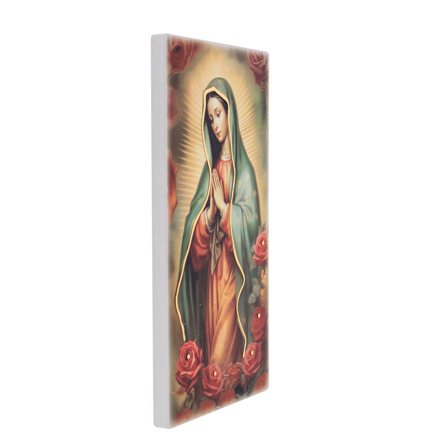Quadro in legno Madonna di Guadalupe con dettagli dorati. Dimensione 9x18 cm
