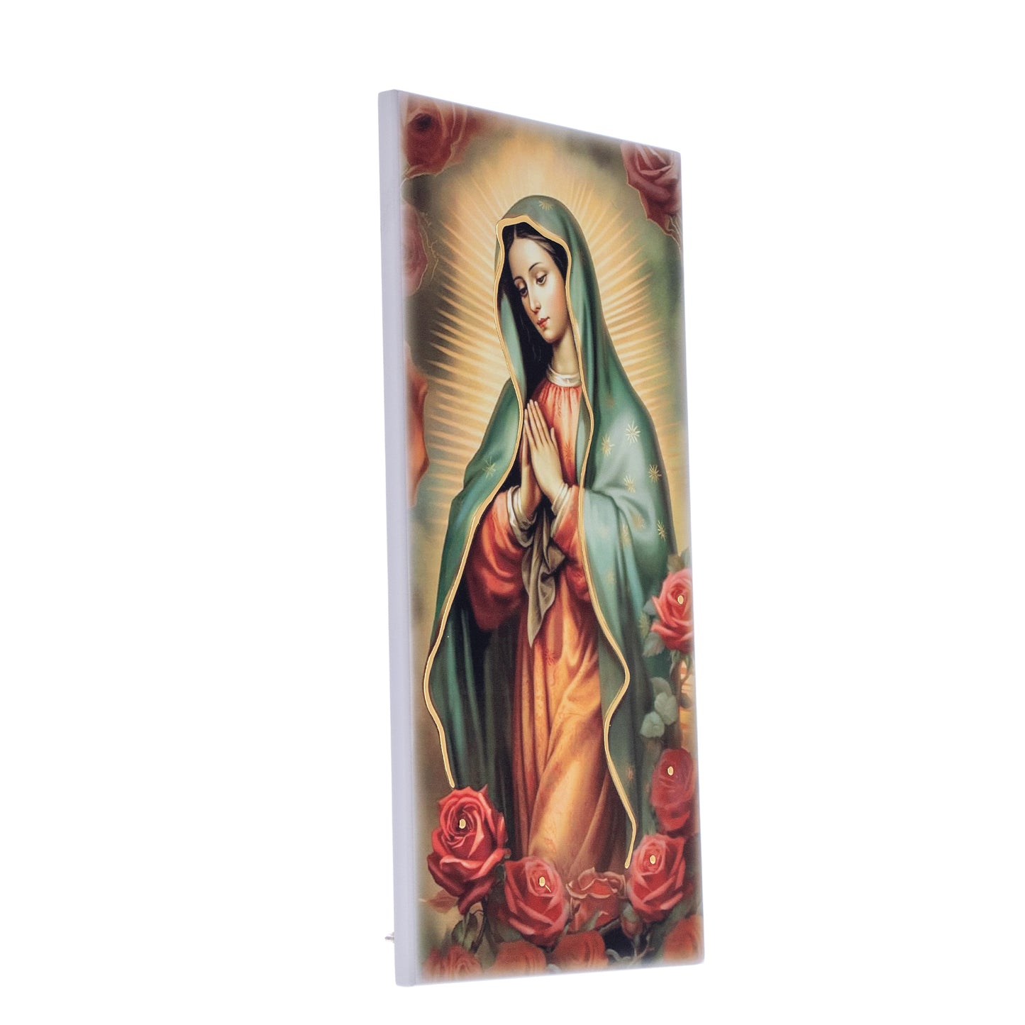Quadro in legno Madonna di Guadalupe con dettagli dorati. Dimensione 9x18 cm