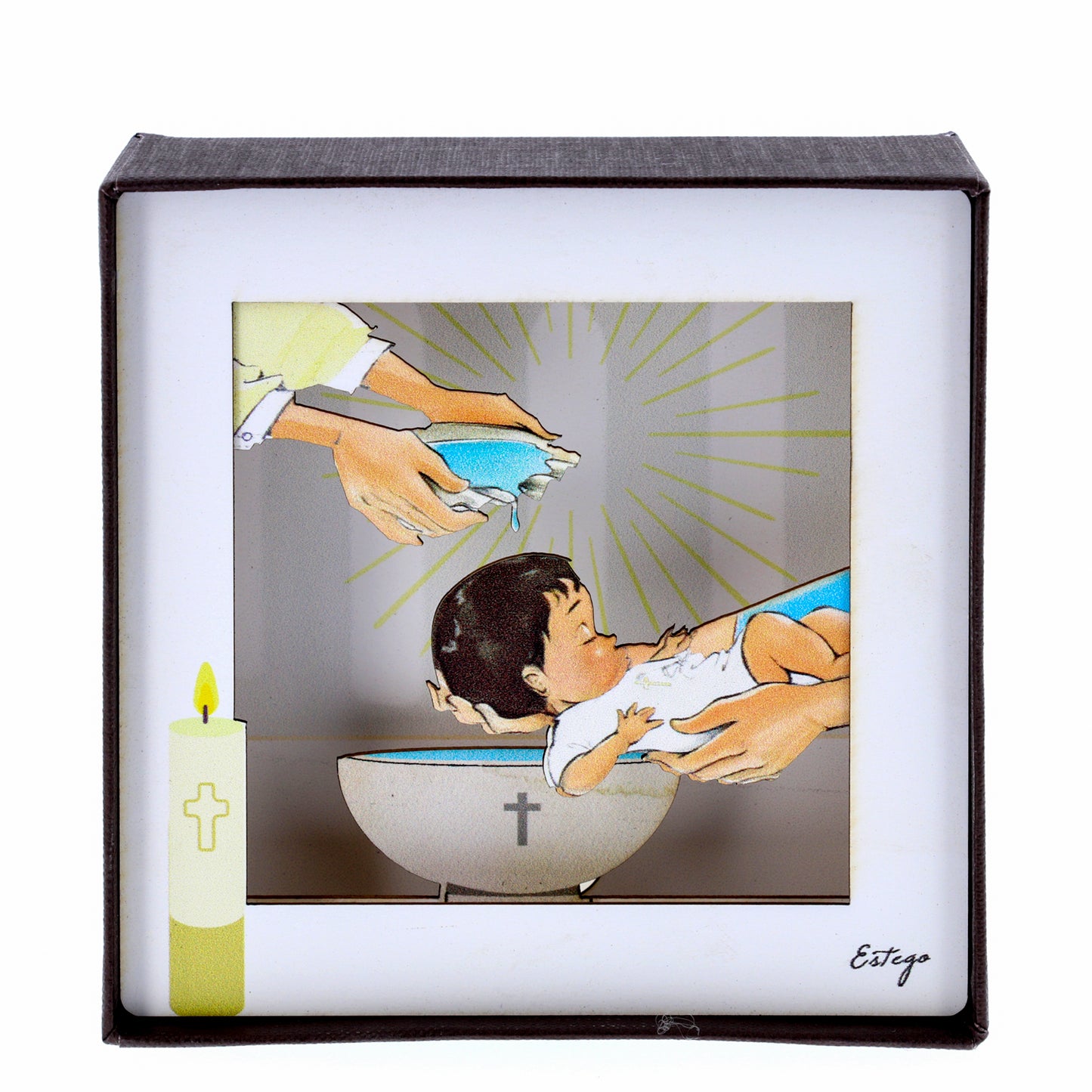 Quadro 3d in scatola, da appoggio, soggetto Battesimo. Dimensioni 11,5x11,5 cm