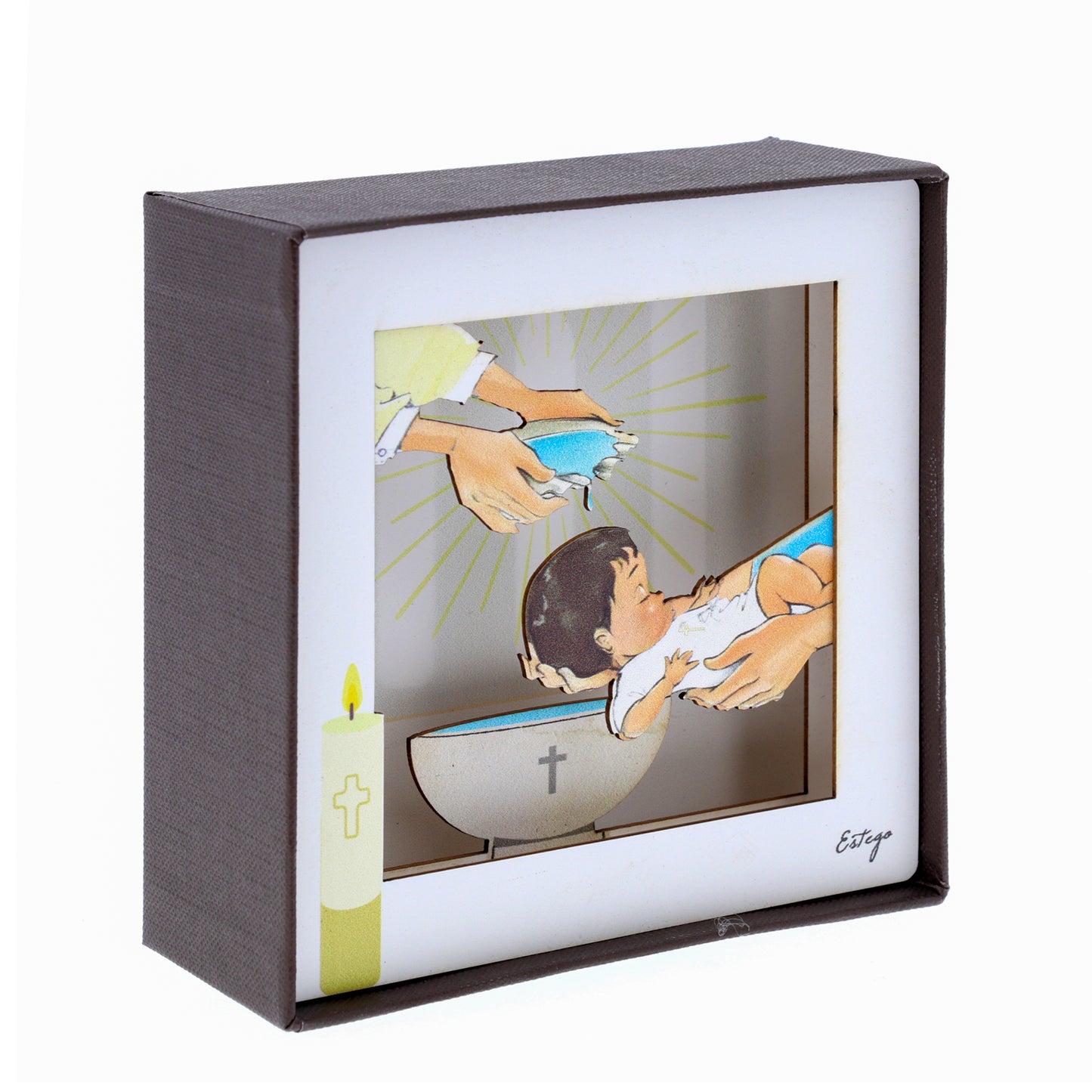 Quadro 3d in scatola, da appoggio, soggetto Battesimo. Dimensioni 11,5x11,5 cm