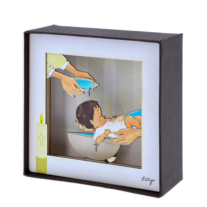 Quadro 3d in scatola, da appoggio, soggetto Battesimo. Dimensioni 11,5x11,5 cm