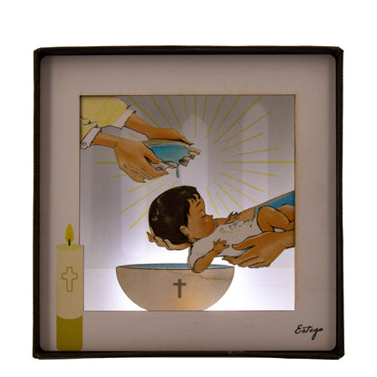 Quadro 3d in scatola, da appoggio, soggetto Battesimo. Dimensioni 11,5x11,5 cm