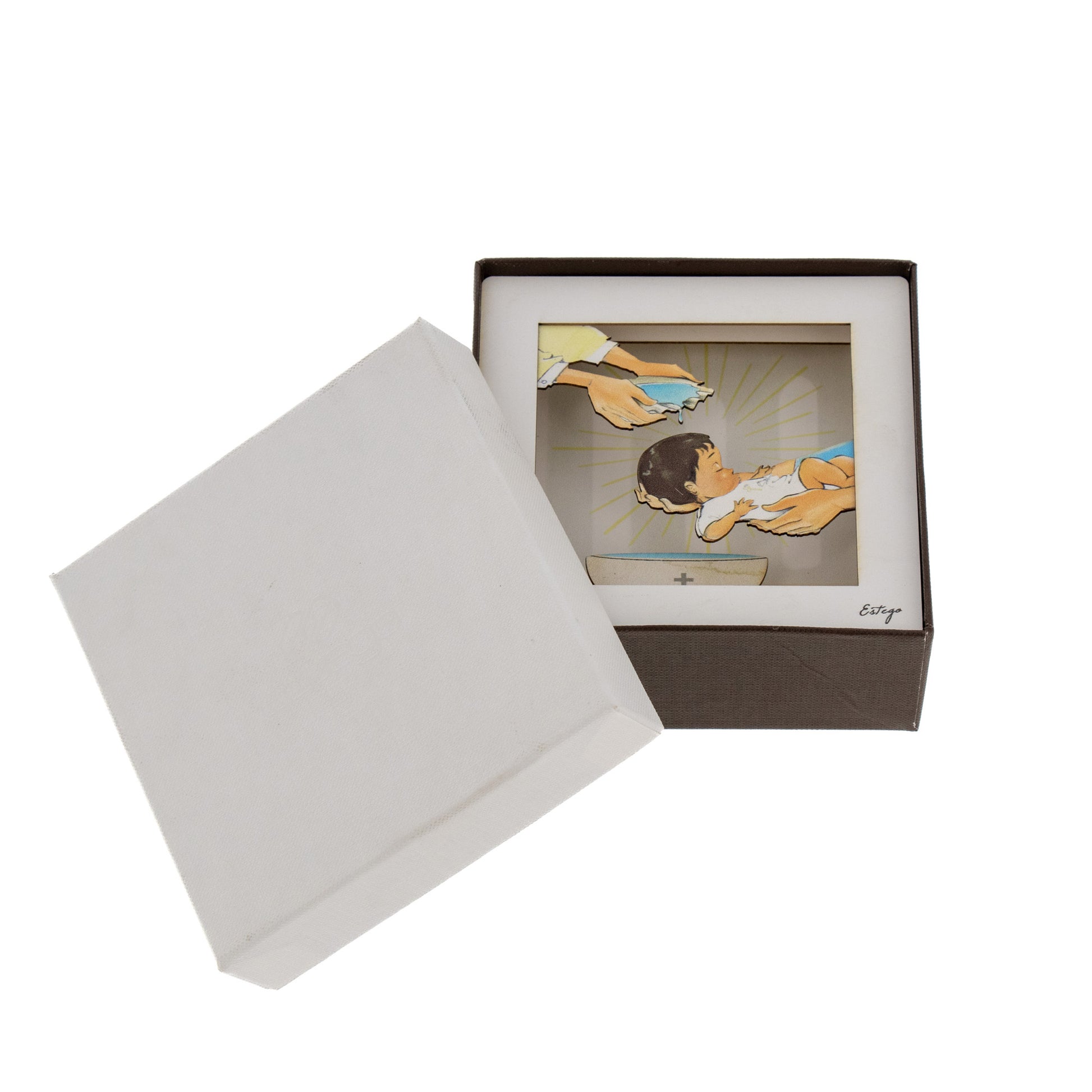 Quadro 3d in scatola, da appoggio, soggetto Battesimo. Dimensioni 11,5x11,5 cm