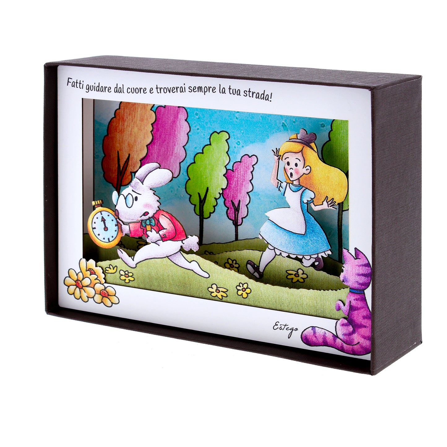 Quadro 3d in scatola, da appoggio, soggetto Alice nel Paese delle Meraviglie. Dimensioni 17x12 cm