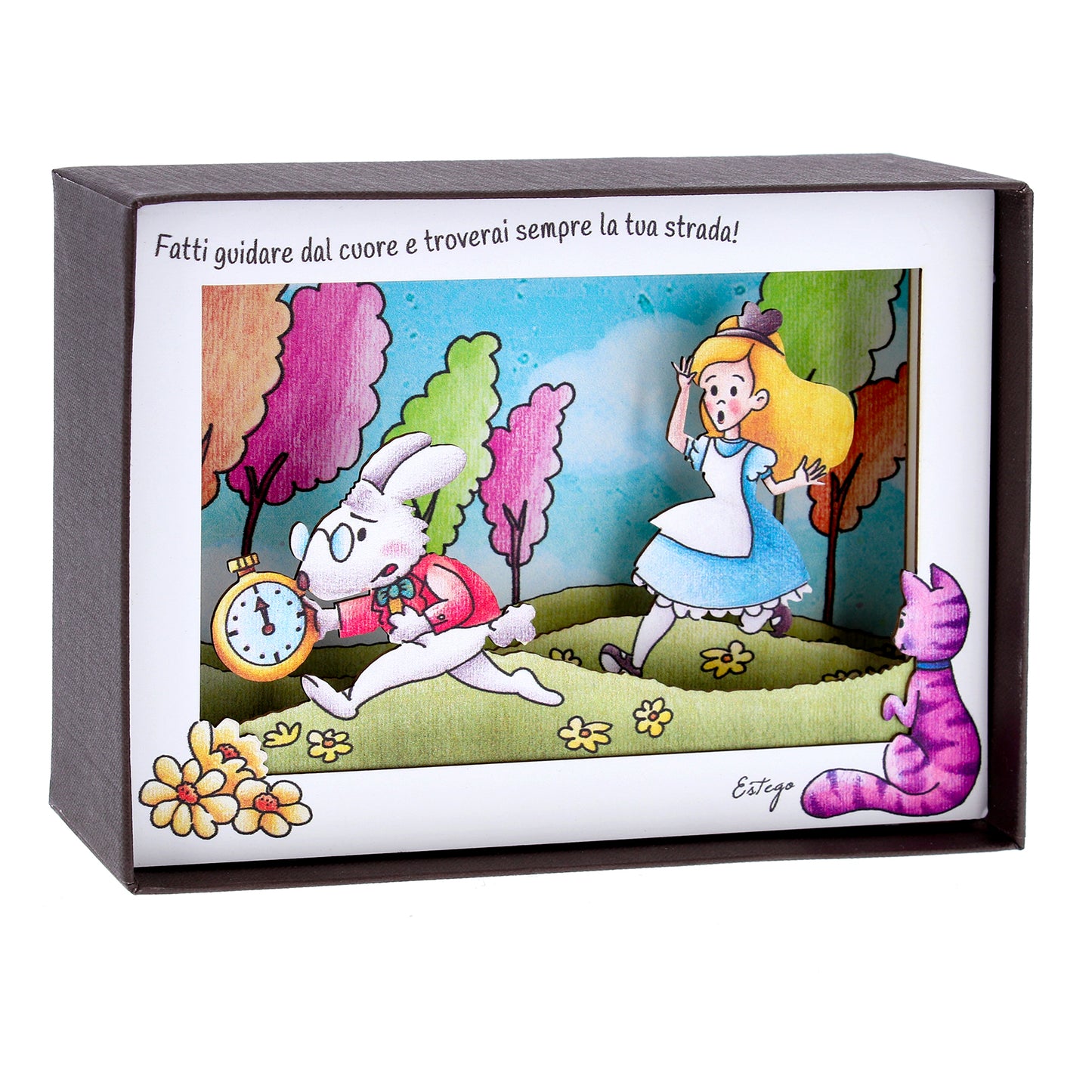 Quadro 3d in scatola, da appoggio, soggetto Alice nel Paese delle Meraviglie. Dimensioni 17x12 cm