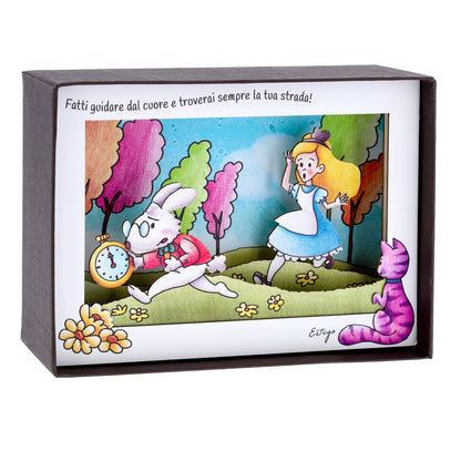 Quadro 3d in scatola, da appoggio, soggetto Alice nel Paese delle Meraviglie. Dimensioni 17x12 cm
