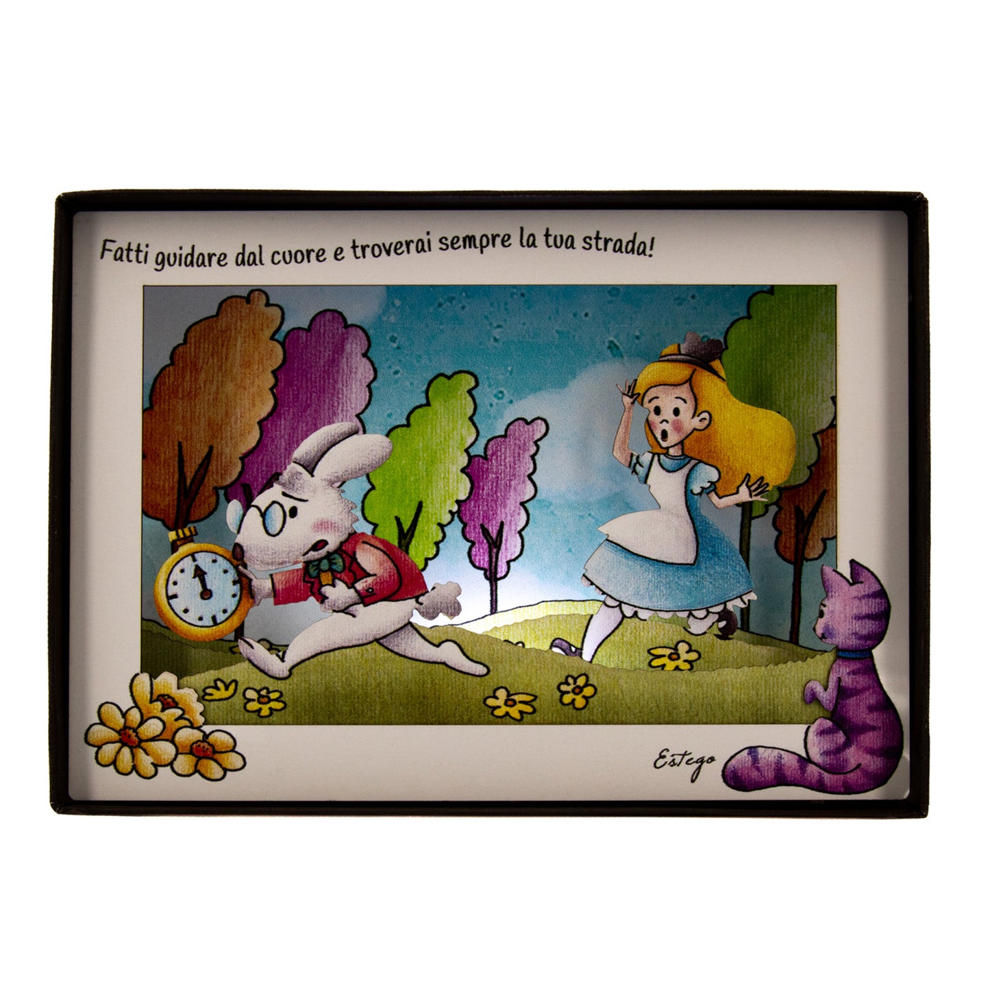 Quadro 3d in scatola, da appoggio, soggetto Alice nel Paese delle Meraviglie. Dimensioni 17x12 cm