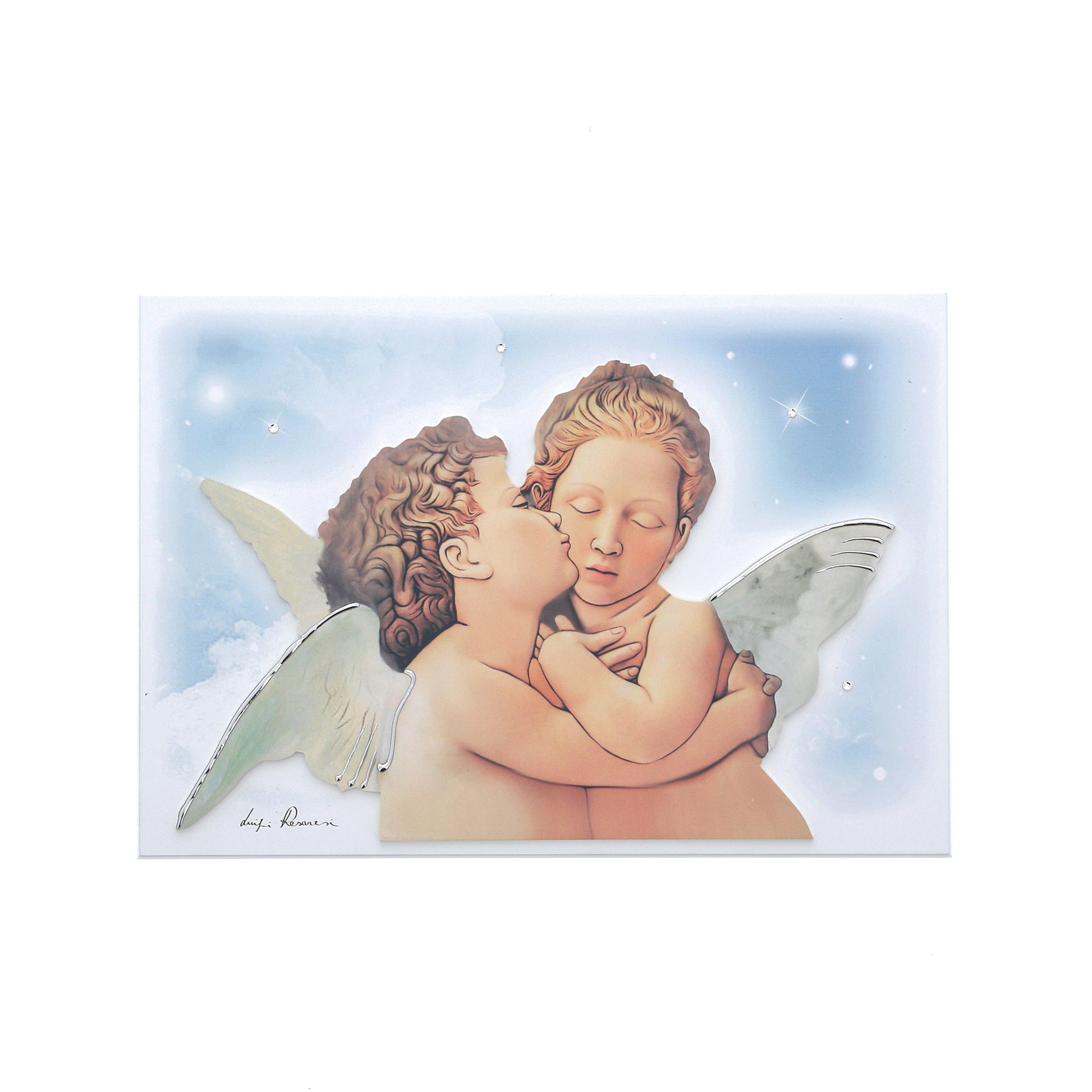 Quadro Angeli con immagine in rilievo e decorazioni argentate. Dimensioni 25x17 cm