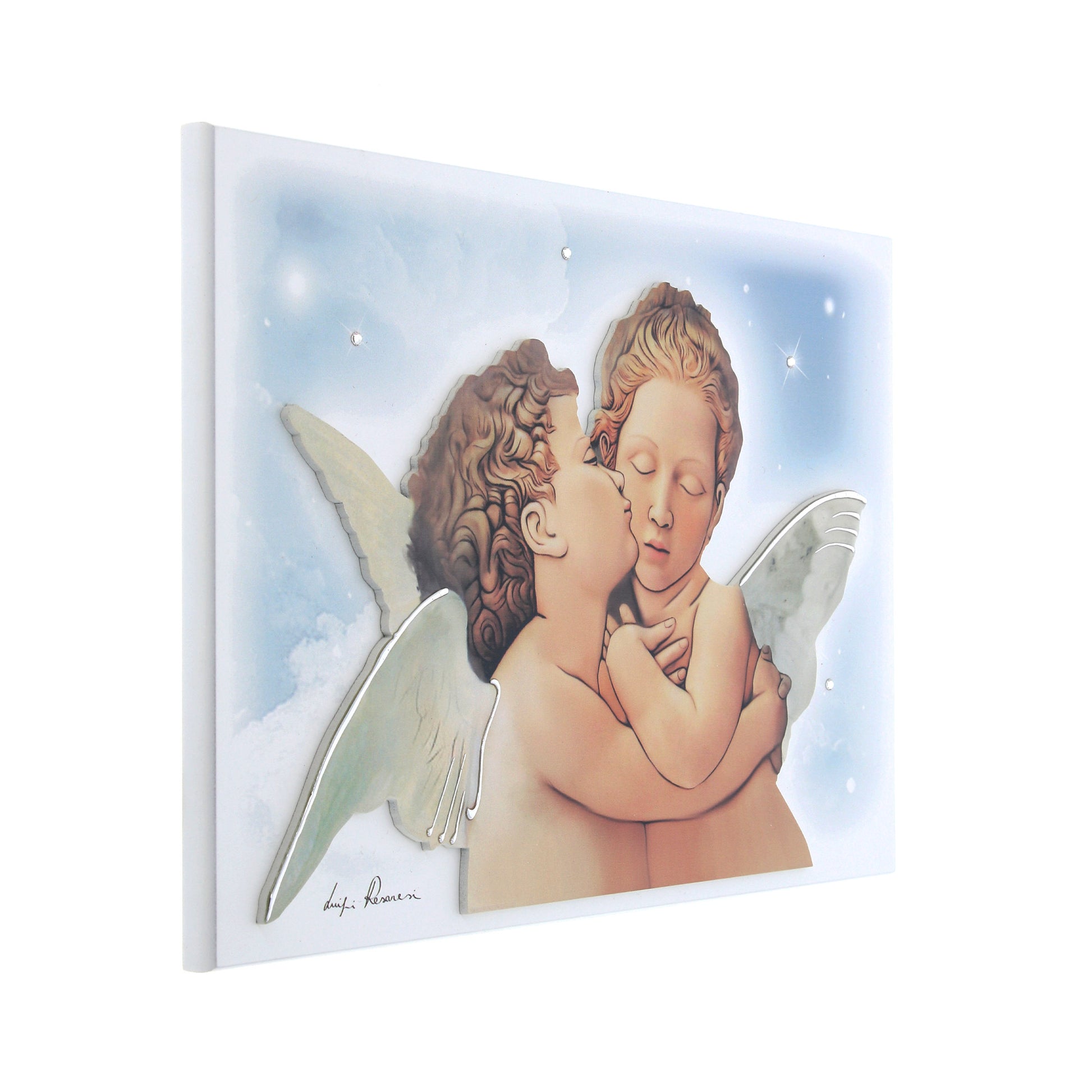 Quadro Angeli con immagine in rilievo e decorazioni argentate. Dimensioni 33x23 cm