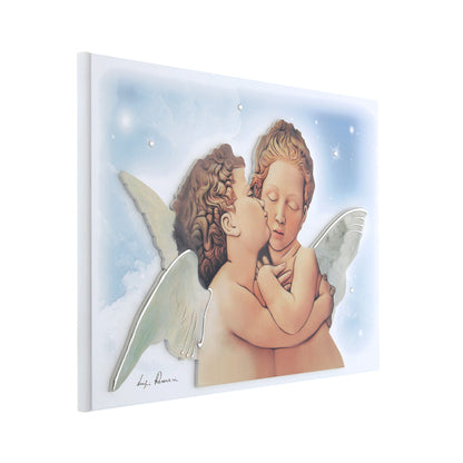 Quadro Angeli con immagine in rilievo e decorazioni argentate. Dimensioni 33x23 cm