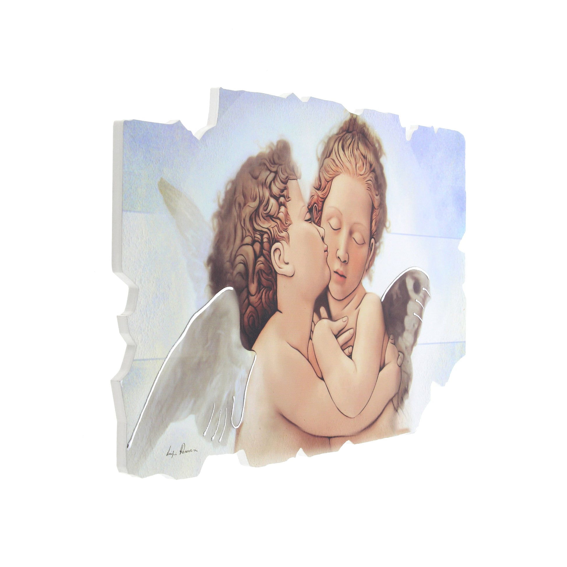 Quadro sagomato Angeli con decorazioni argentate in rilievo. Dimensioni 80x44 cm