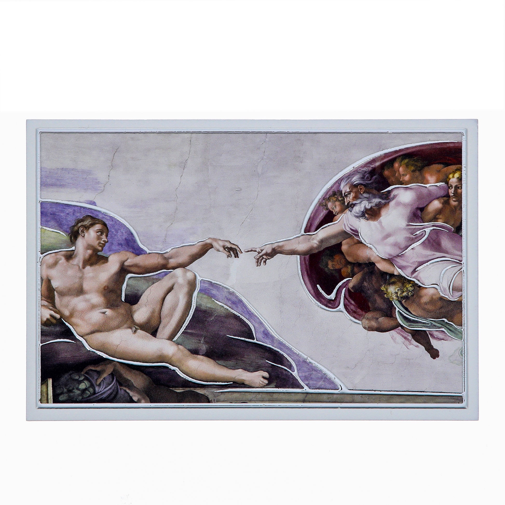 Quadro La Creazione di Adamo in legno e dettagli in foglia argento. Dimensioni 9x13,5 cm