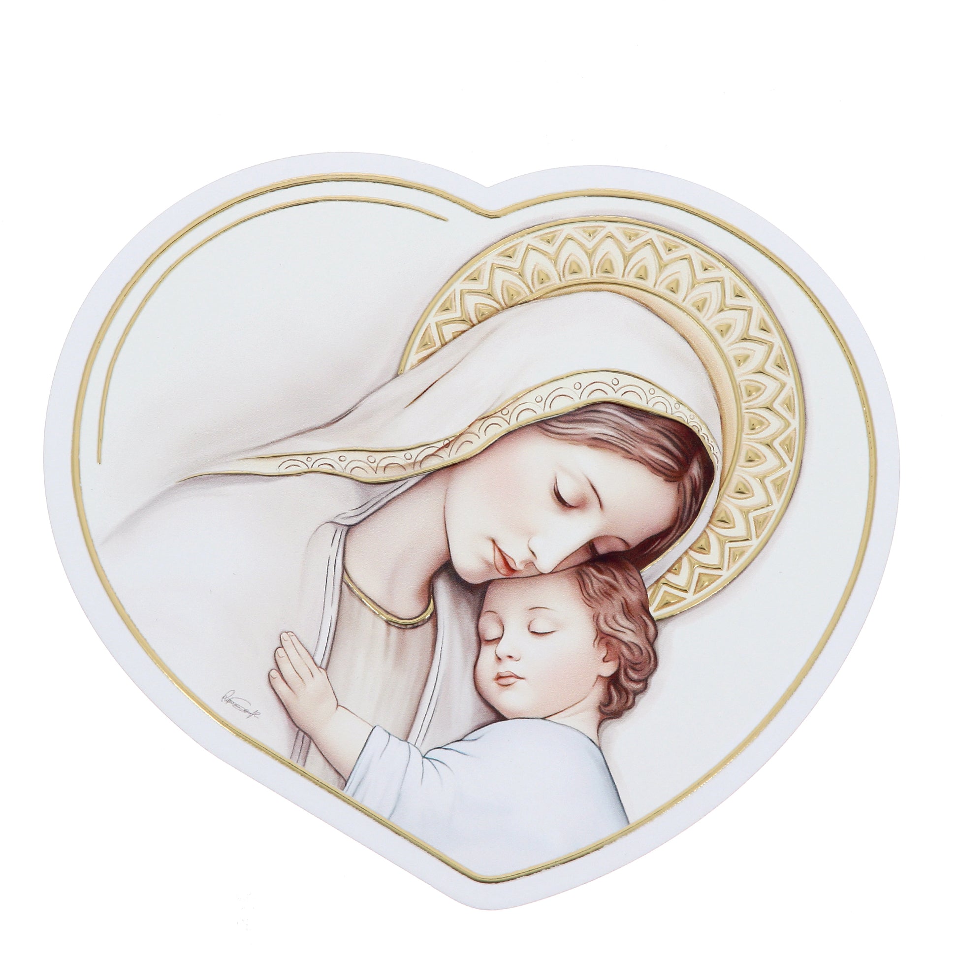 Quadro sagomato Madonna con Bambino in legno e dettagli in foglia oro. Dimensioni 13x15 cm