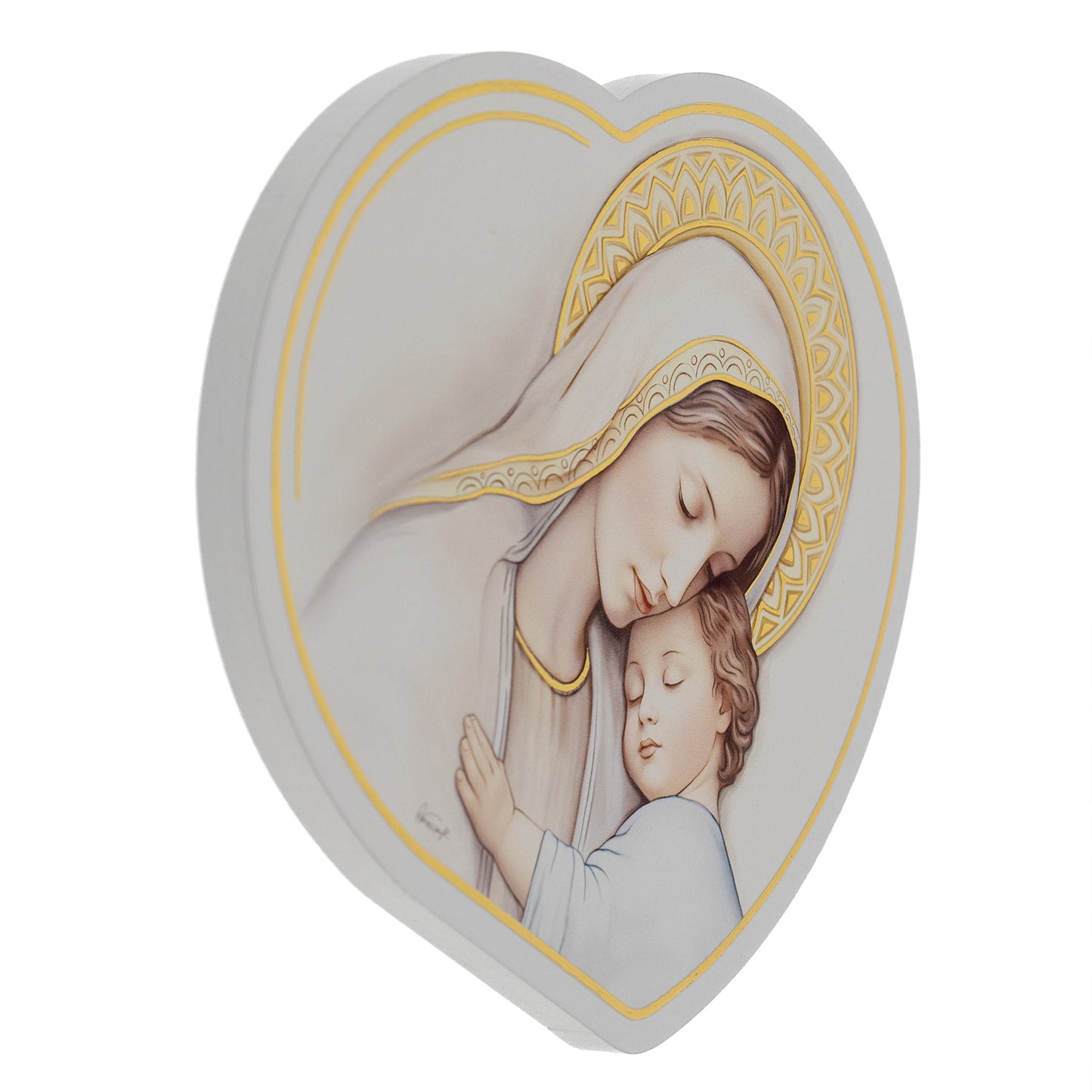 Quadro sagomato Madonna con Bambino in legno e dettagli in foglia oro. Dimensioni 13x15 cm