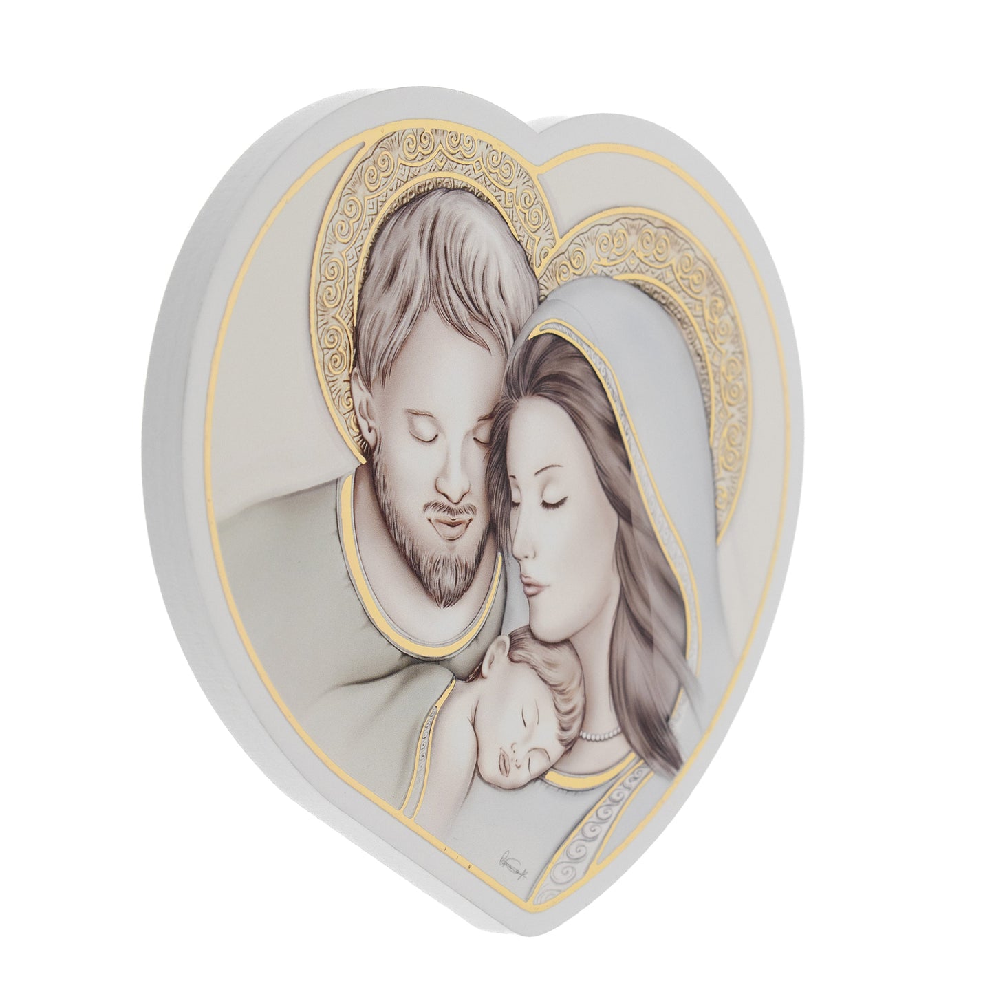 Quadro sagomato Sacra Famiglia in legno e dettagli in foglia oro. Dimensioni 13x15 cm