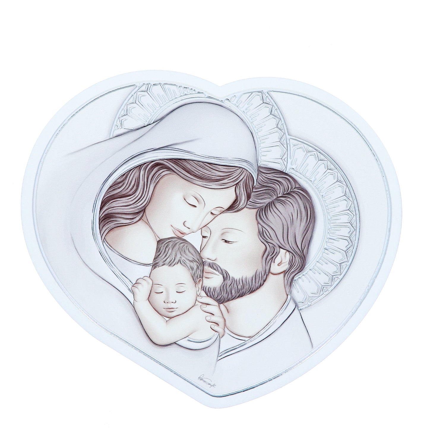 Quadro sagomato Sacra Famiglia in legno e dettagli in foglia argento. Dimensioni 13x15 cm