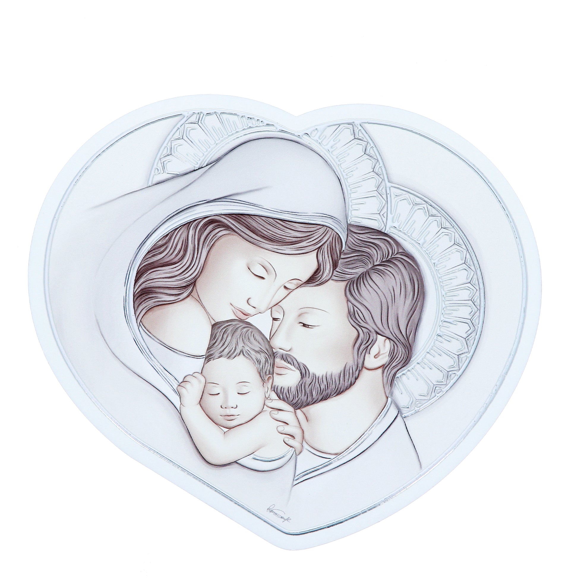 Quadro sagomato Sacra Famiglia in legno e dettagli in foglia argento. Dimensioni 13x15 cm