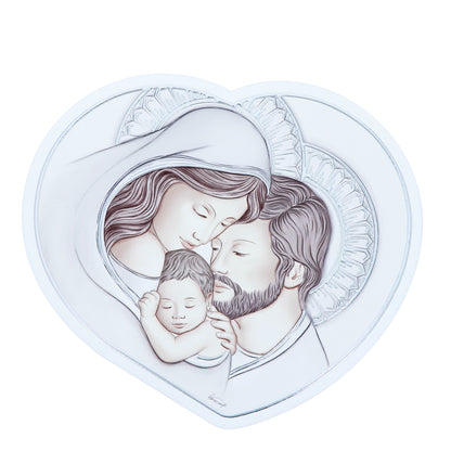Quadro sagomato Sacra Famiglia in legno e dettagli in foglia argento. Dimensioni 13x15 cm