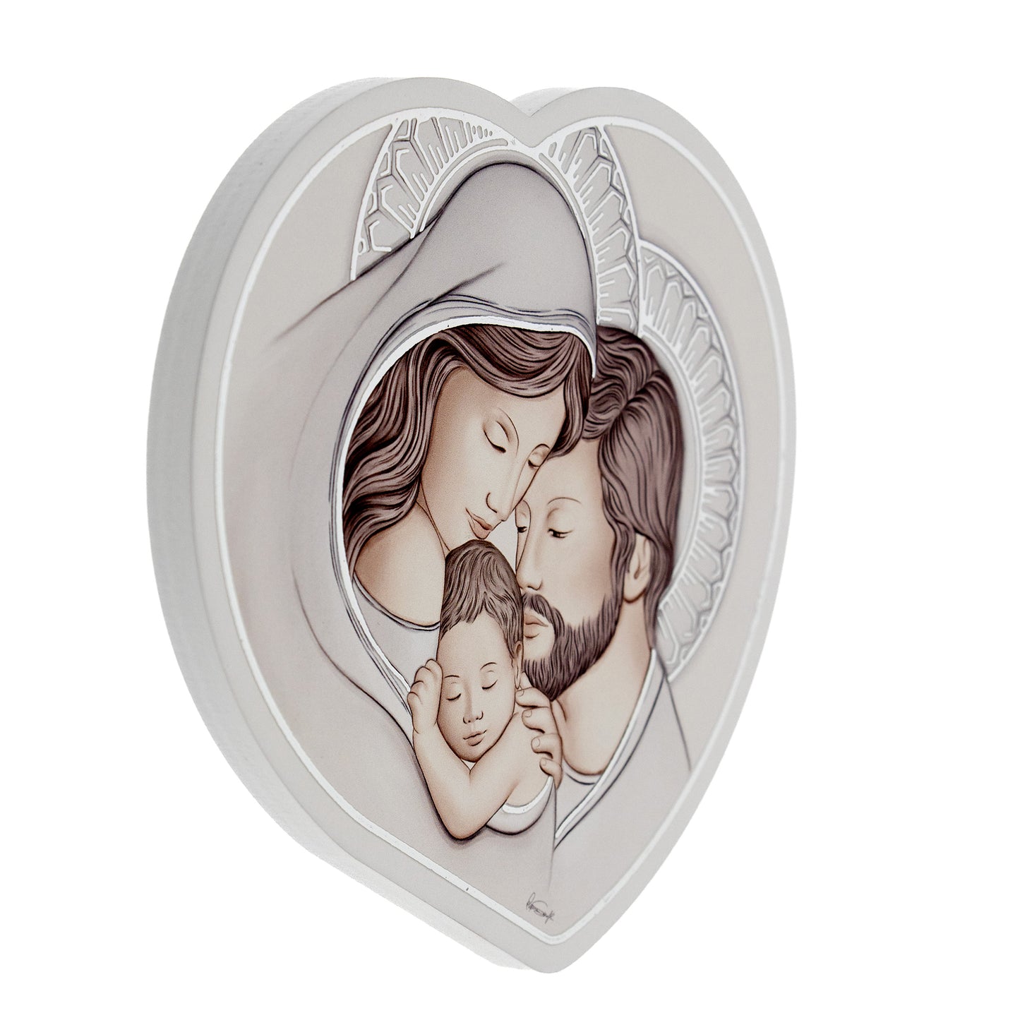 Quadro sagomato Sacra Famiglia in legno e dettagli in foglia argento. Dimensioni 13x15 cm