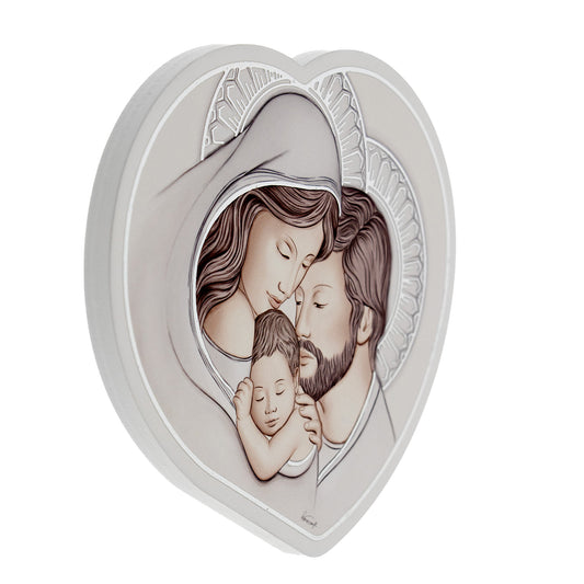 Quadro sagomato Sacra Famiglia in legno e dettagli in foglia argento. Dimensioni 13x15 cm
