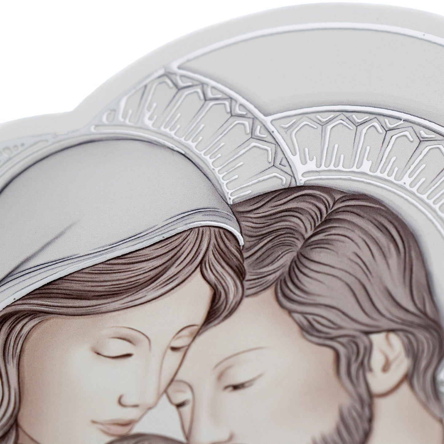 Quadro sagomato Sacra Famiglia in legno e dettagli in foglia argento. Dimensioni 13x15 cm