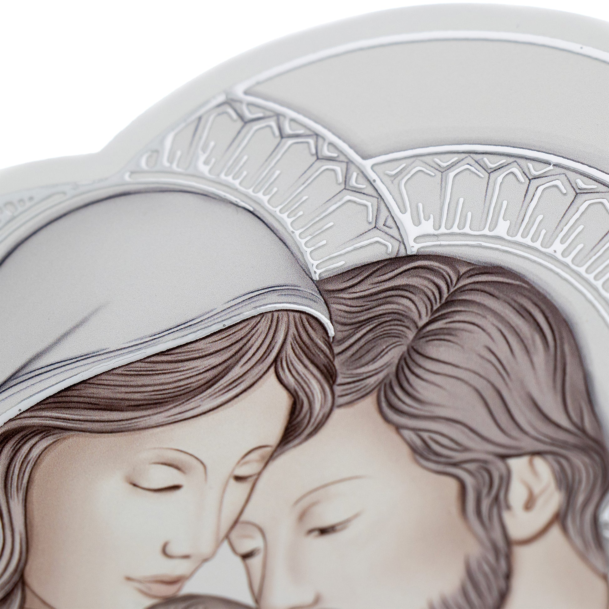 Quadro sagomato Sacra Famiglia in legno e dettagli in foglia argento. Dimensioni 13x15 cm