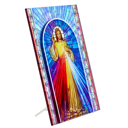Quadro Gesù Misericordioso in vetro – Immagine sacra da tavolo o da appendere con basetta – 13 × 18 cm