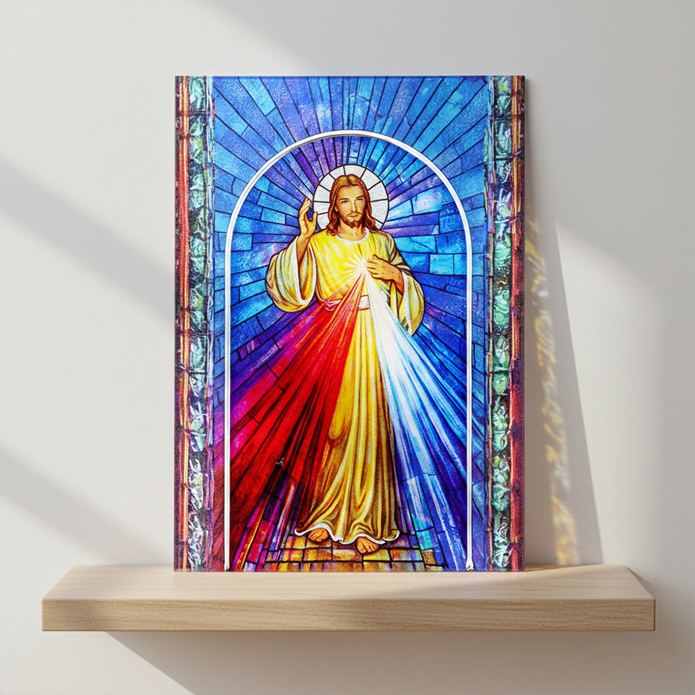 Quadro Gesù Misericordioso in vetro – Immagine sacra da tavolo o da appendere con basetta – 13 × 18 cm