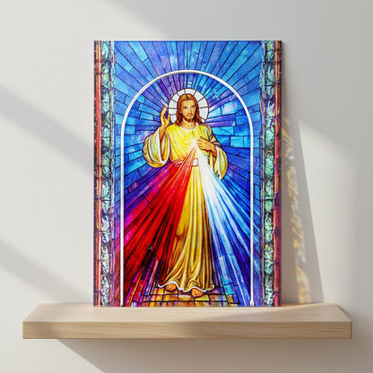 Quadro Gesù Misericordioso in vetro – Immagine sacra da tavolo o da appendere con basetta – 13 × 18 cm