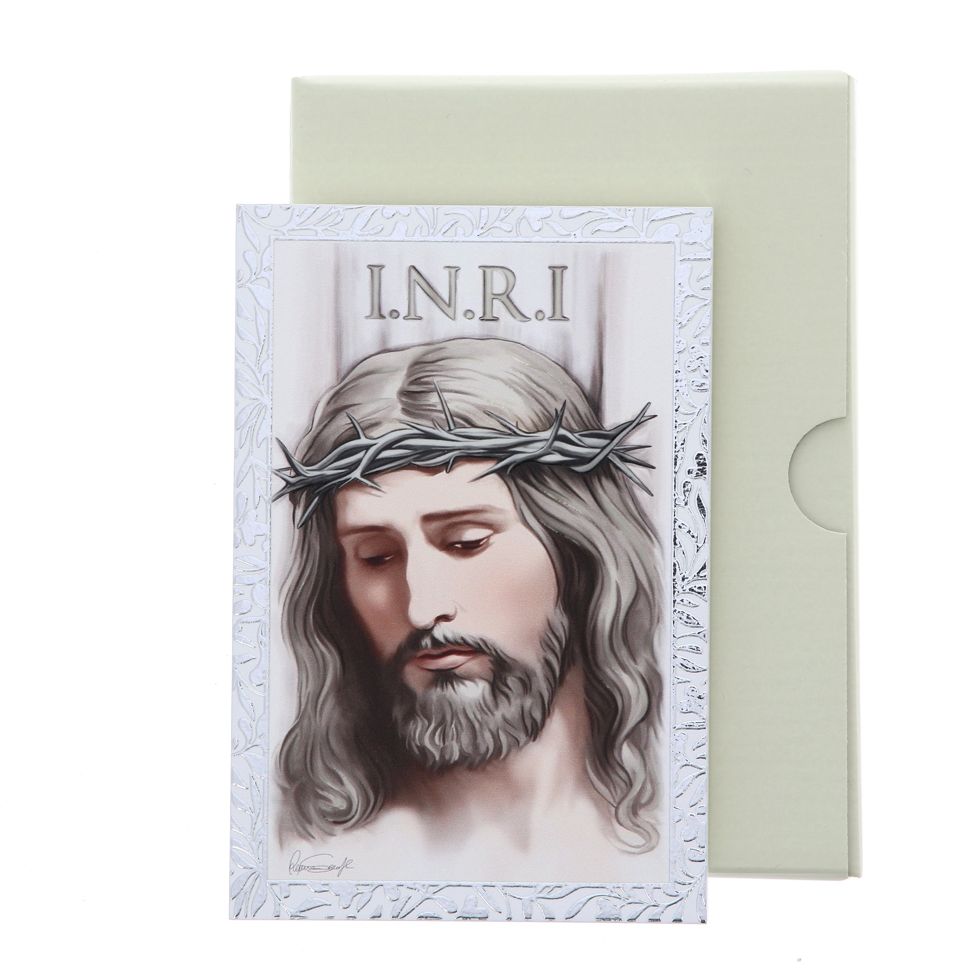 Quadro Volto di Gesù in legno e cornice in foglia argento. Dimensioni 9x13,5 cm