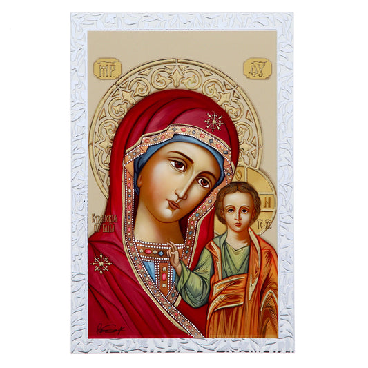 Quadro Madonna Kazan in legno con cornice e dettagli in foglia argento e oro. Dimensioni 11,5x17,5 cm