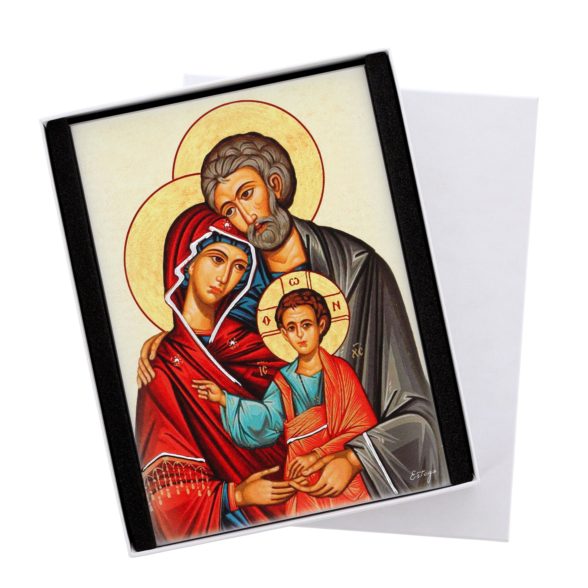 Quadro in legno Sacra Famiglia con dettagli argentati. Dimensione 25x17 cm