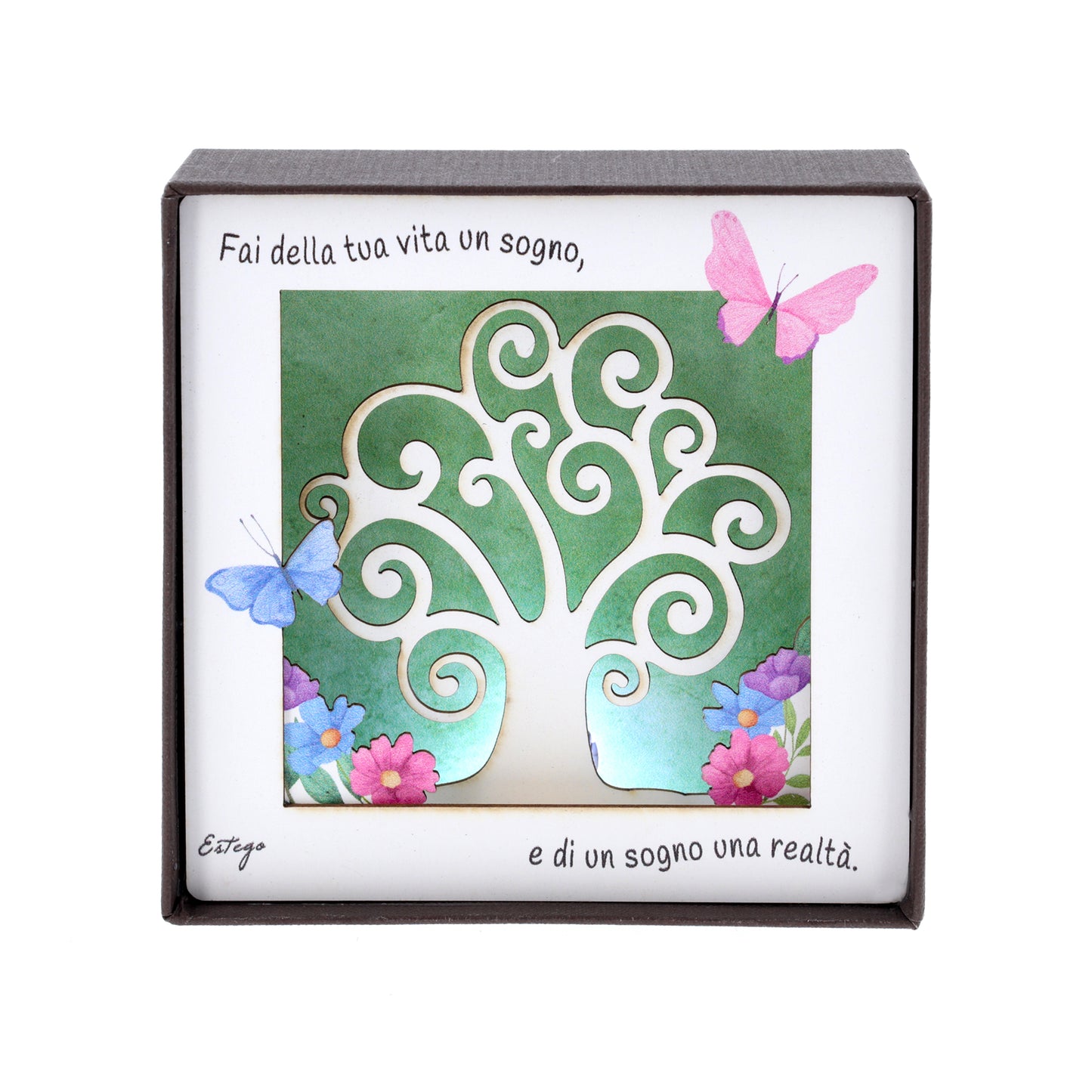 Quadro 3d in scatola, da appoggio, soggetto Albero della Vita. Dimensioni 11,5x11,5 cm